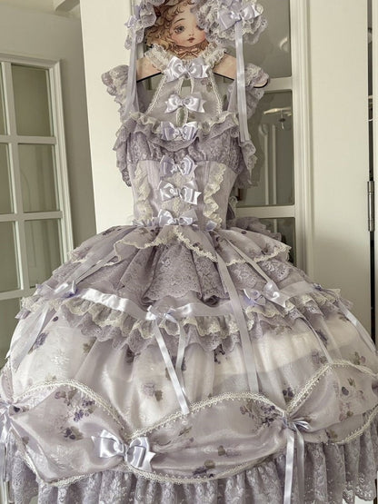 Hime Lolita Purple Dress Bows Halter with Lace Multiple Floral Neck Print Ruffles and