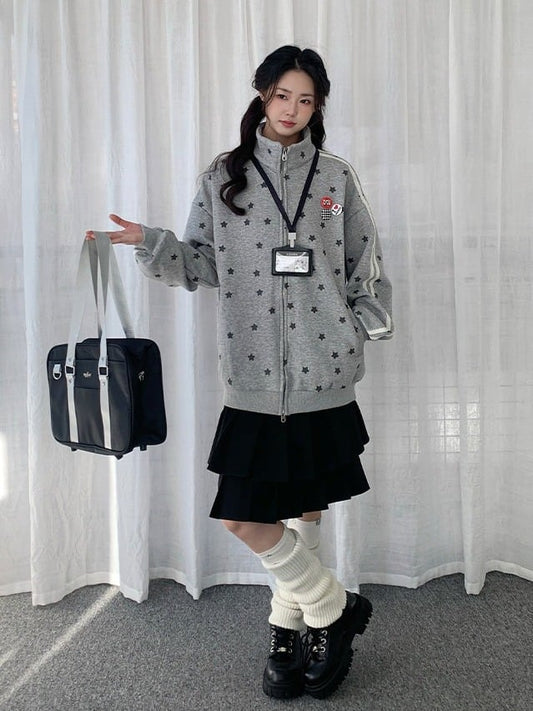 Lining Star Print Gray Fleece Jacket Daily Kawaii Decorated Badge