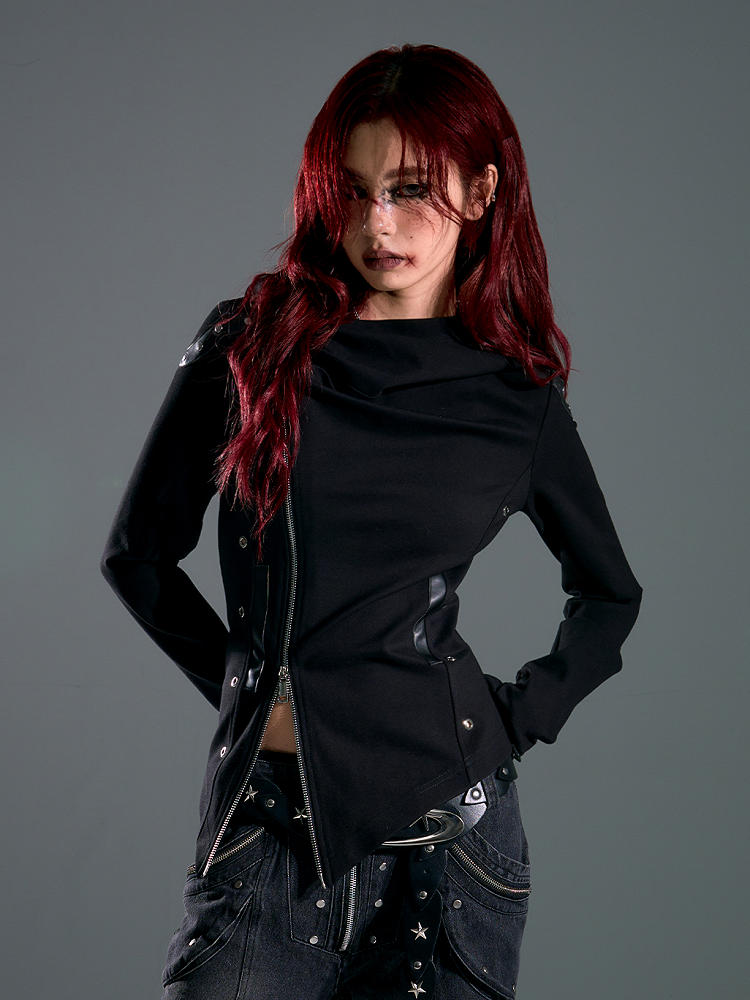 Zip Accents with Grommet Jacket Wasteland Two-Way Hoodie Stud Placket Punk Black Asymmetrical