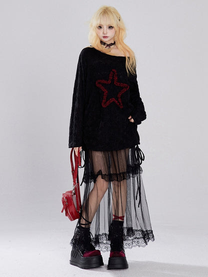 Schwarzes T-Shirt mit langen Ärmeln und Kordelzug und Stern