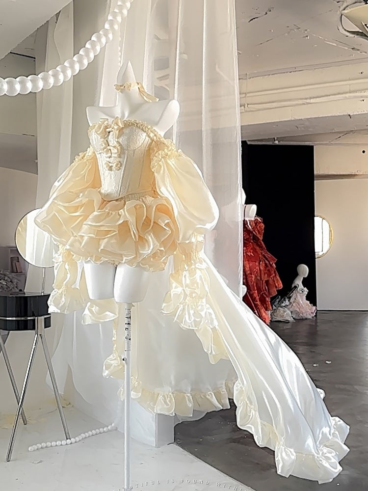 Set Balletcore + Full Top Train Big Bow Sleeves Skirt Corset Gold Lace-up