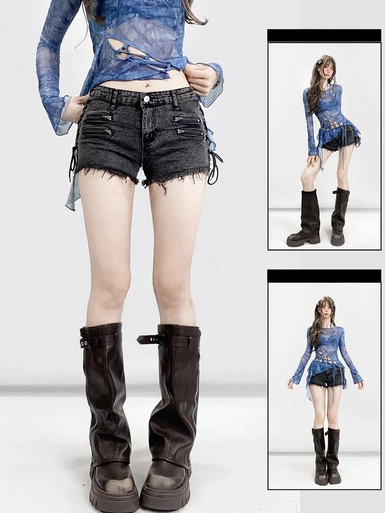 Glamorous – Schwarze Shorts mit Schnürung, Denim, Bittersweet Hem Raw