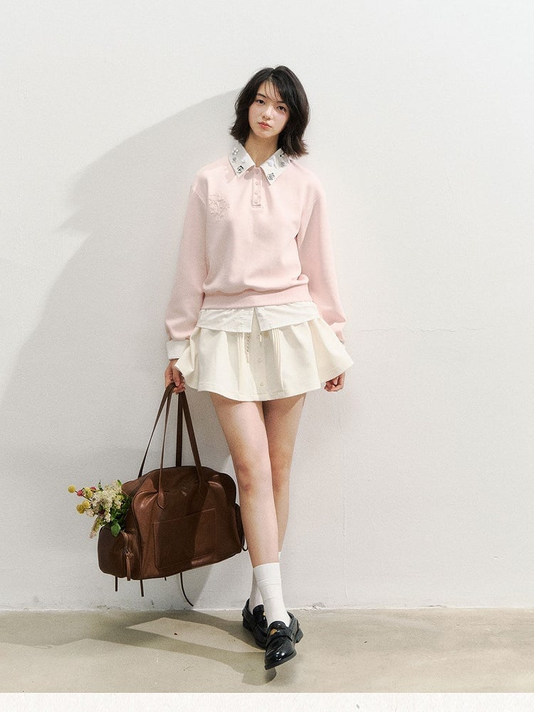 with Pink and Two-piece Faux Kawaii Embroidery Accents Rose Rhinestone Shirt