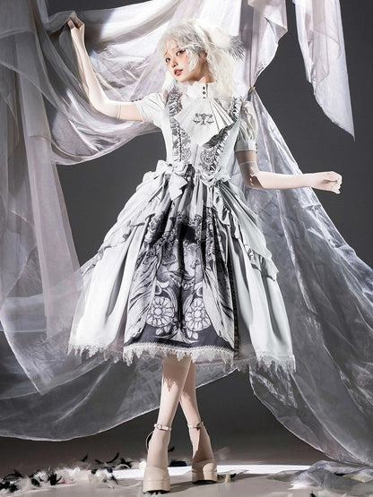Lolita Bows Gray Detachable Waist with Dress Gothic Reaper at Print Grim Scale and