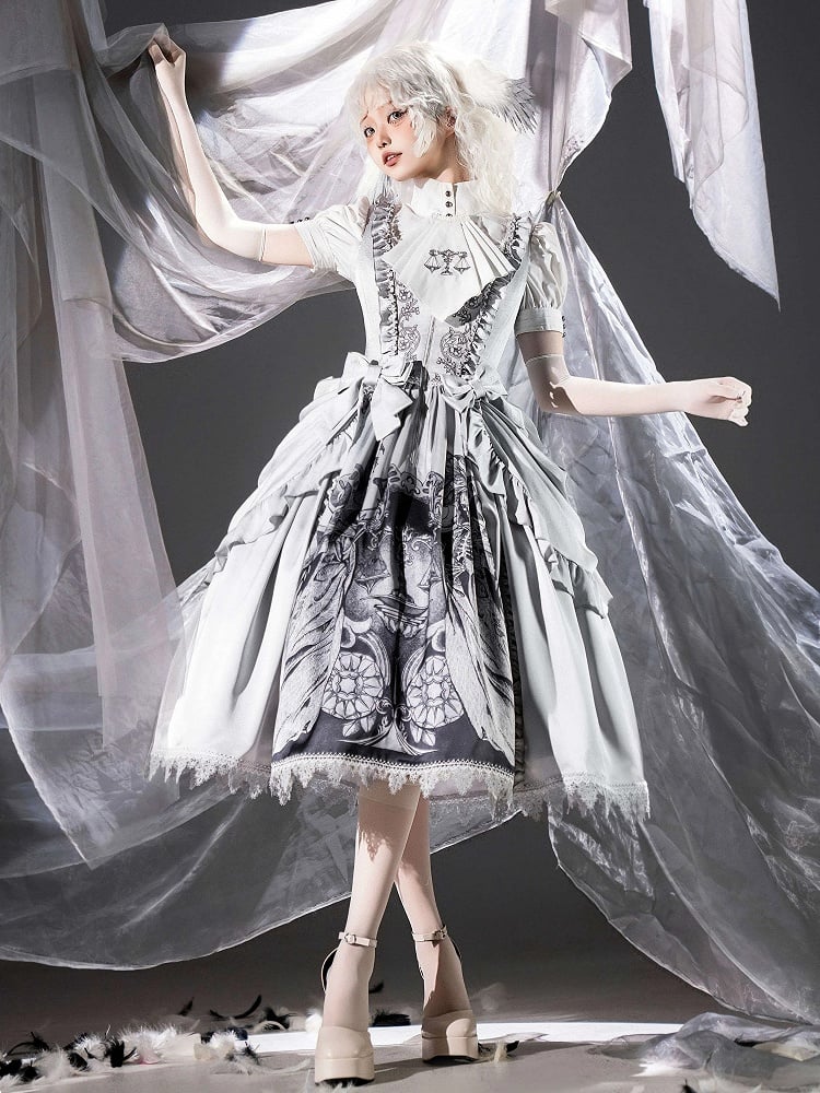 Gothic Gray Grim Reaper Scale Print Dress with Detachable Waist Bows
