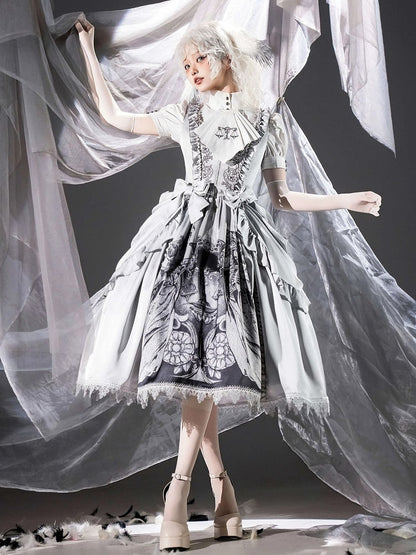 Gothic Gray Grim Reaper Scale Print Dress with Detachable Waist Bows