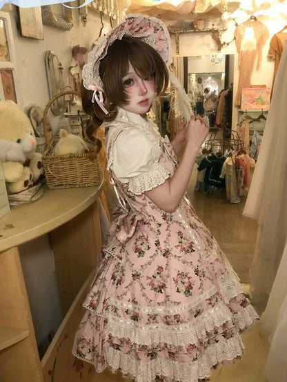 Pink Floral Cotton JSK Dress with Snowfall Motif and Sweet Lolita Style