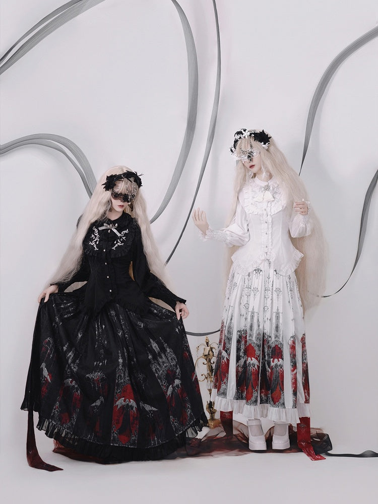 Black Angel Ruffled Pleat Box Gothic Skirt Red and Blouse Set Printed