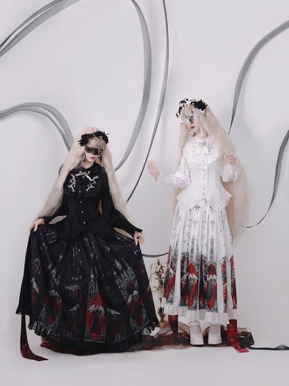 Black Angel Ruffled Pleat Box Gothic Skirt Red and Blouse Set Printed