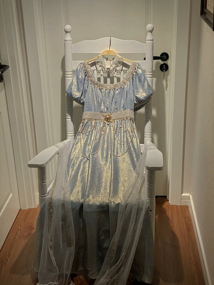 Blue Empire Waist Lolita OP Dress with Beadwork - Qian Mu