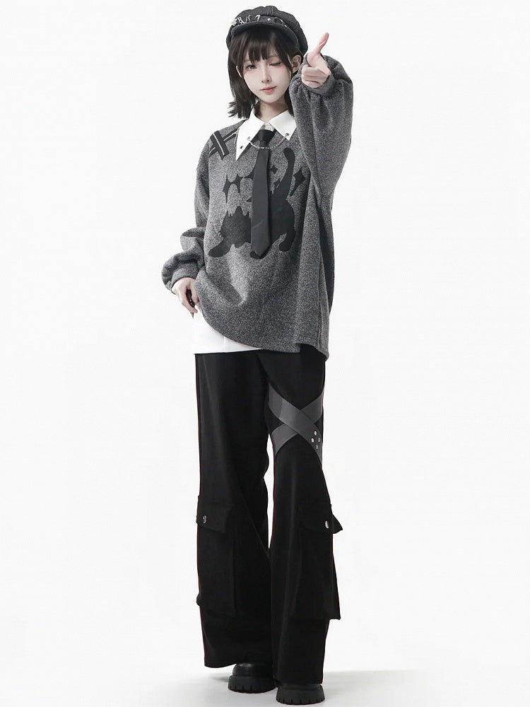 Round Cute Sweatshirt Print Neck Accent Cat Zip with