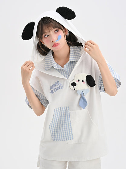 子犬の耳のデザインフード柄の2ピースホワイト＆子犬フェイクTシャツブルーチェック柄