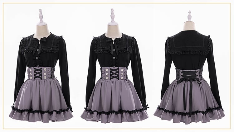 Long Black with Sleeve Lace Kei Detailed Collar Square Beadwork Jirai Blouse Dark Sweetheart