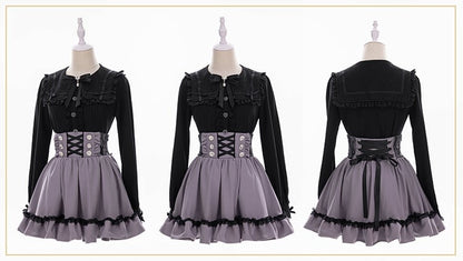 Long Black with Sleeve Lace Kei Detailed Collar Square Beadwork Jirai Blouse Dark Sweetheart