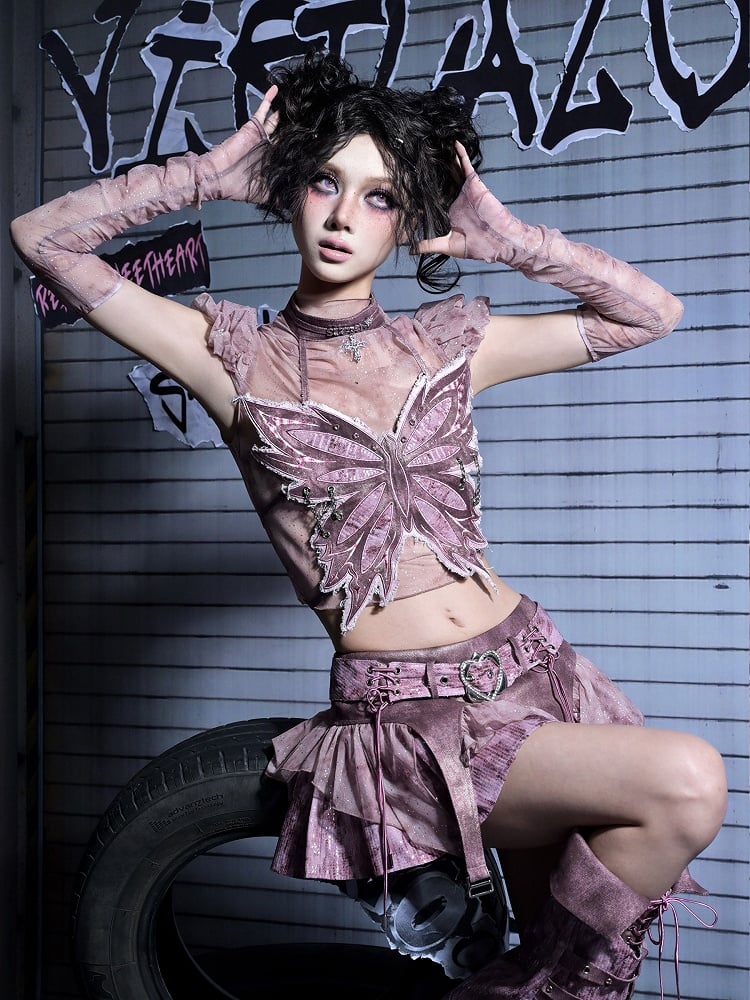 Pink Top Sleeves Punk Silver Y2K Puff with Distressed Tulle Graphics