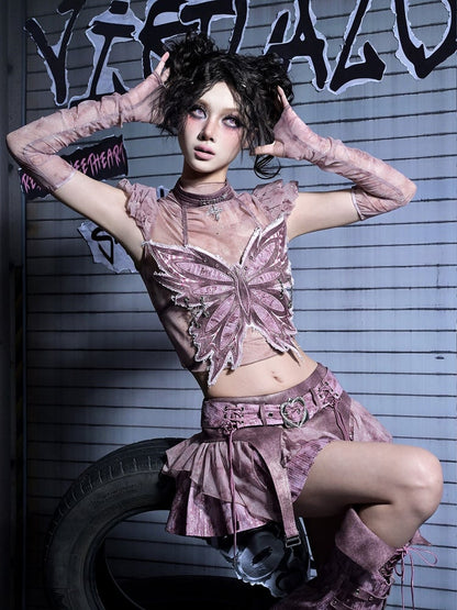 Pink Top Sleeves Punk Silver Y2K Puff with Distressed Tulle Graphics