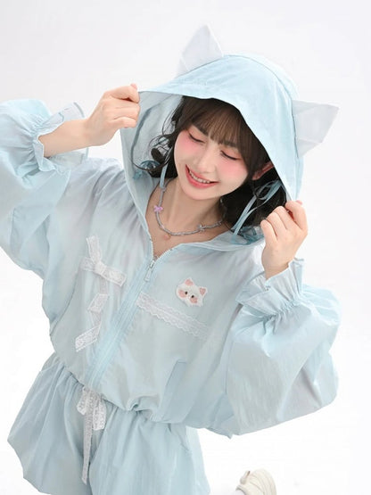 かわいいフード付きレースリボン日焼け防止ジャケットブルー猫耳デザイン夢