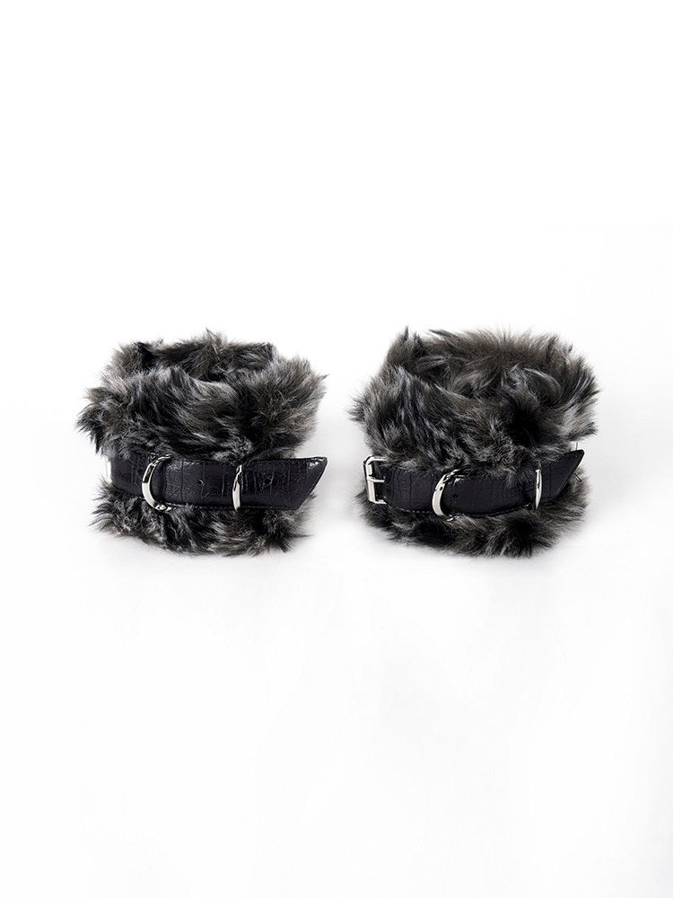 Unisex Fur Stud - Detail Patchwork Cuffs Dual Wrist Punk