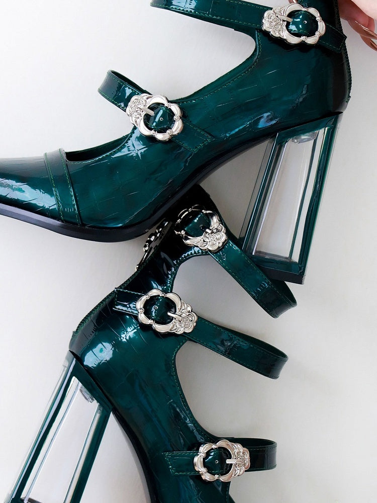 光沢のあるグリーンのゴシッククロコダイルバックルストラップハイブロックヒール