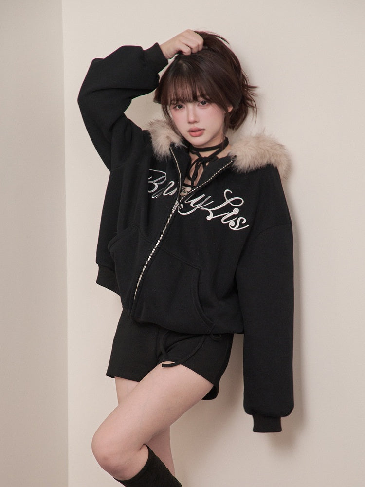 Jirai Letter Knit Black Hooded Jacket Collar Embroidery Fur Kei Faux with