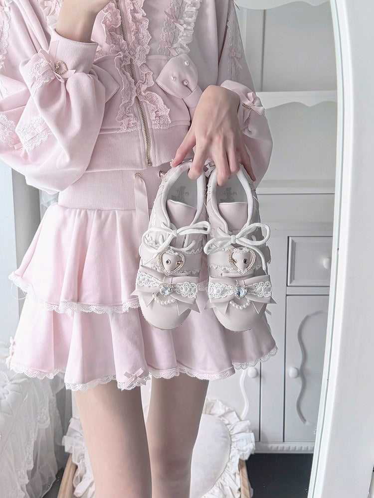 Pink Jirai Kei Style Shoes with Heart Buckle, Bowknot & Crystal Embellishments - Transfer Student