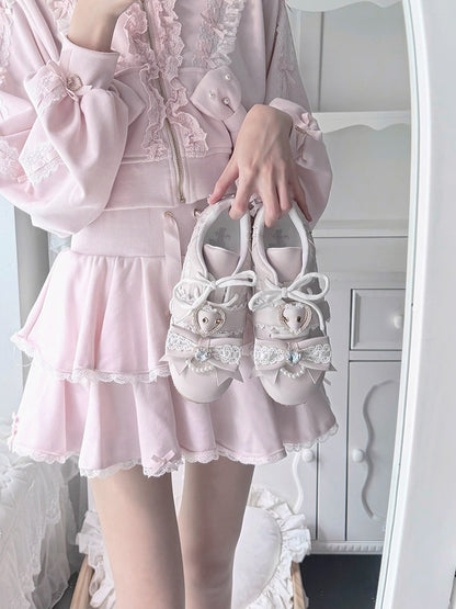 Pink Jirai Kei Style Shoes with Heart Buckle, Bowknot & Crystal Embellishments - Transfer Student