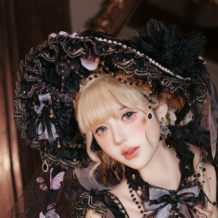 Floral Design Beaded Hanayome Lolita Bonnet with Butterfly Veil - Cat Fairy Lolita