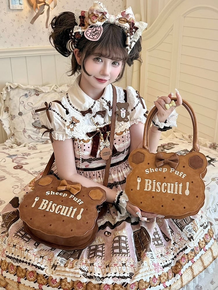PU Light Brown Lolita Bear Cookie Bag with Fork & Spoon Embroidery