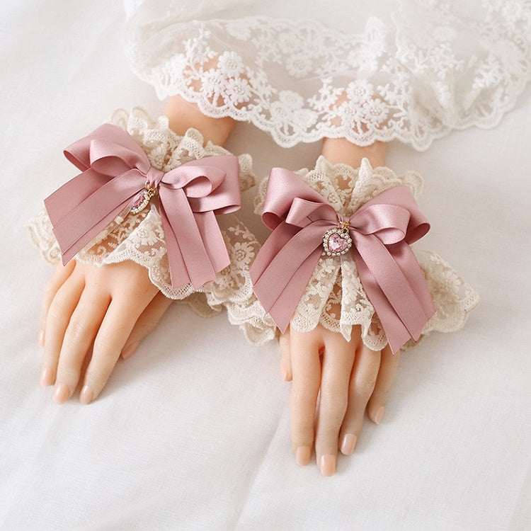 Lolita Bow And Elegant Charm Heart Cuffs Wrist Beige Sweet Pink With