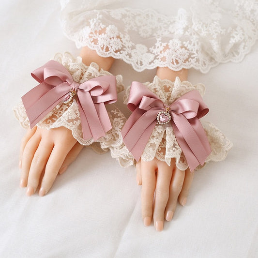 Lolita Bow And Elegant Charm Heart Cuffs Wrist Beige Sweet Pink With