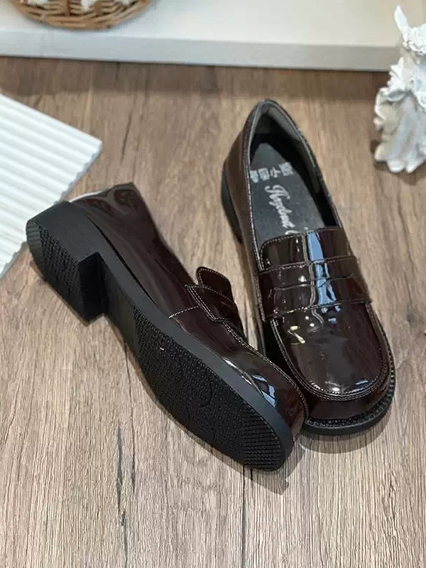 PU 2.5cm with Slip-in Brown Fit Heel Loafers Leather Design