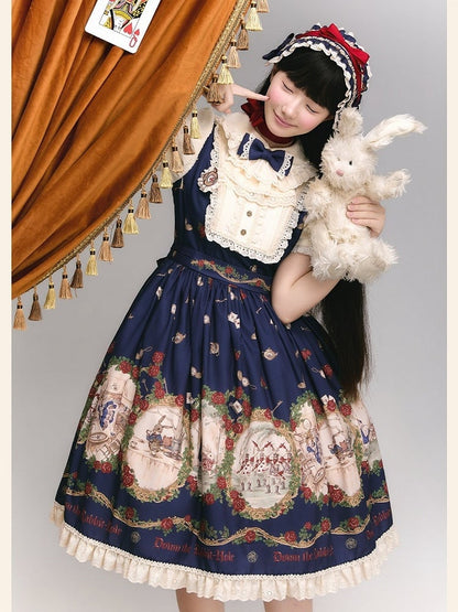 Wonderland Alice Floral Print Dark Blue Lolita OP Puff Sleeves - Stars Fall on the Foggy Island