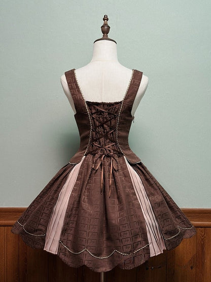 Scoop Scalloped with Dress Chocolate Lolita Edge Sweet Hem Neckline Brown