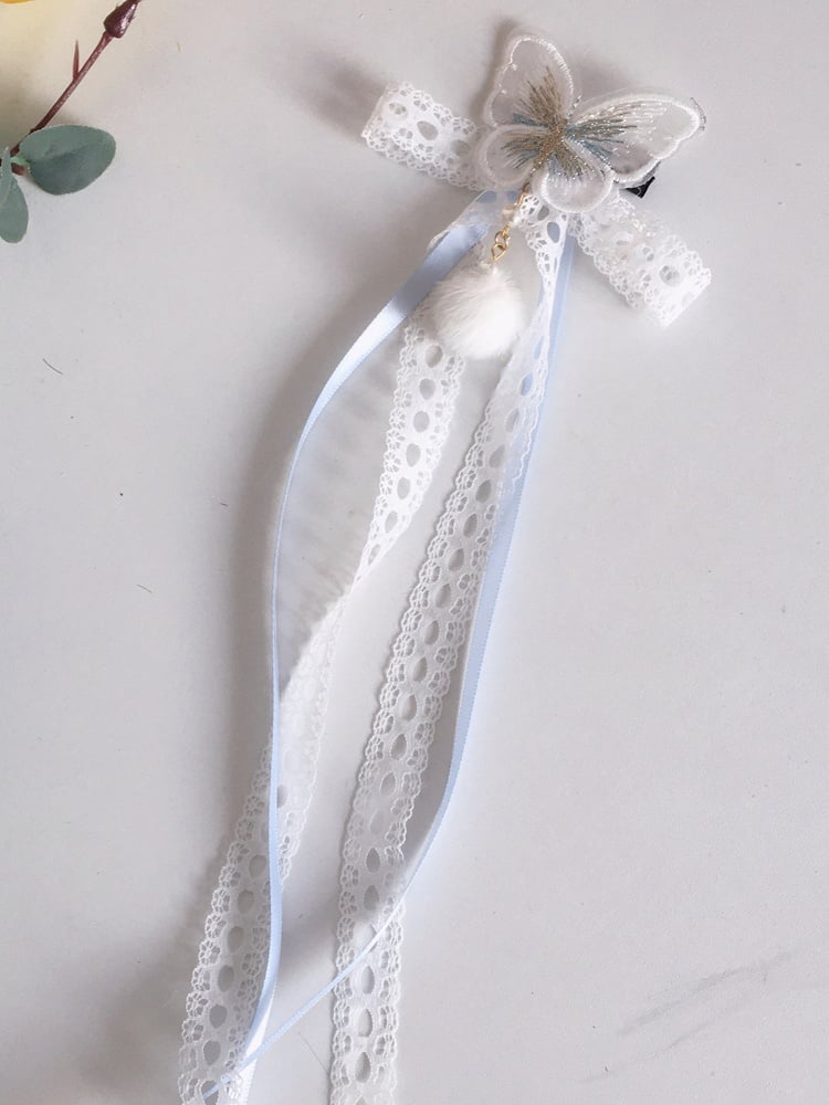 with and Butterfly Blue Lace Sweet Lolita Hairclip White Pompom