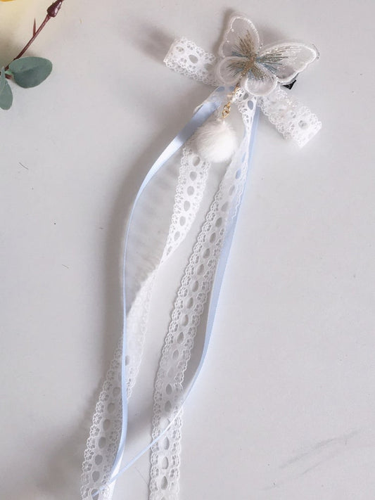 Butterfly Sweet and Pompom White Blue Lace Hairclip with Lolita