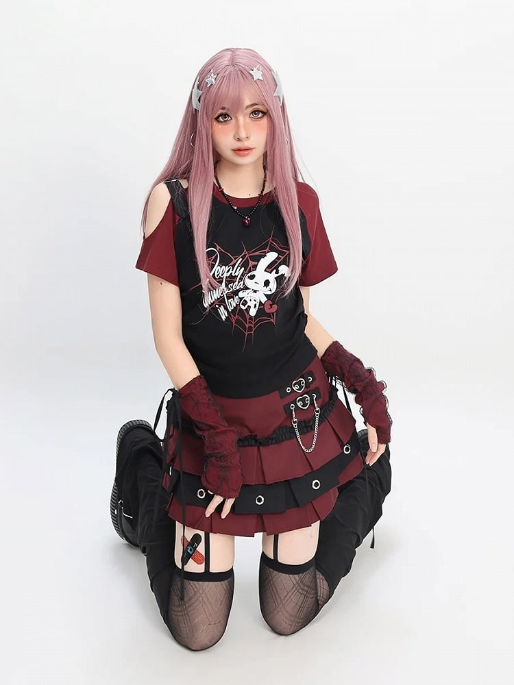 レッド/ピンク/パープルのTシャツプリントスリーブ付きY2Kカットアウトショルダースパイダーウェブ