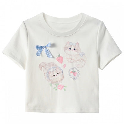 Long/Short Version Adorable Kitty Print Creamy White Round Neck T-Shirt
