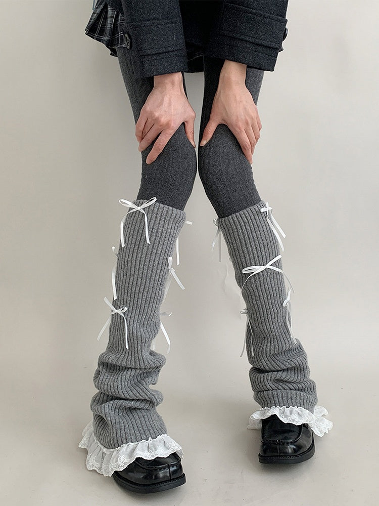 Colors) Ribbed Leg Lace Bow (4 Knit Warmers Trim