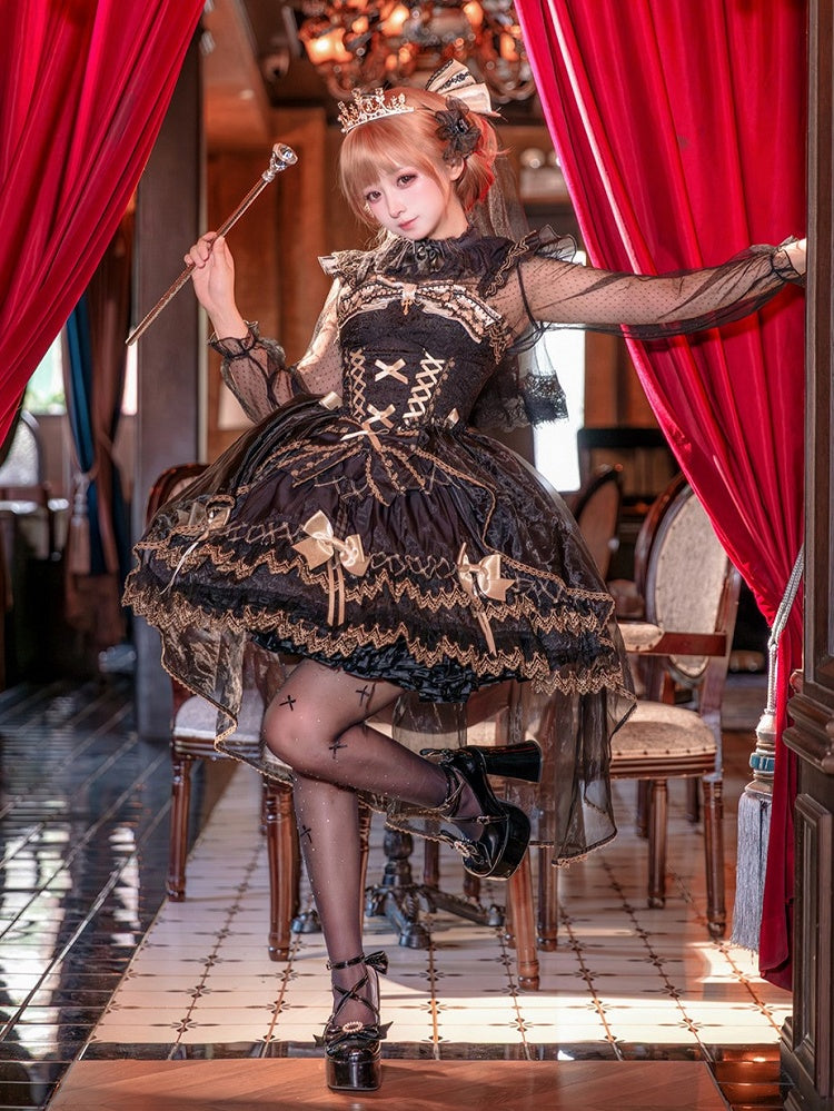 Tulle Lolita Tiered Jacquard Gorgeous with Overlay Black Gold JSK Gothic