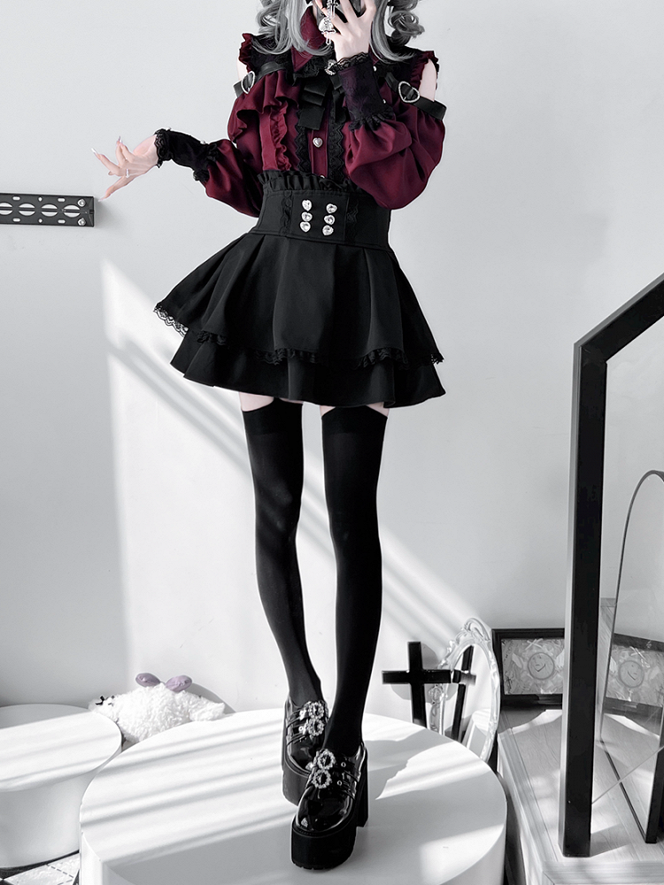 Jirai Button Blouse: Red Sweetheart Closure Wine Kei