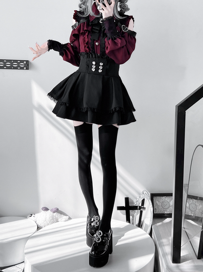 Jirai Button Blouse: Red Sweetheart Closure Wine Kei