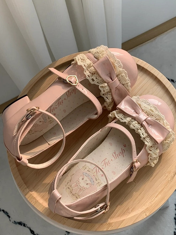 Round Trim Bow Lace Sweet Top Low Heels Pink at Toe with