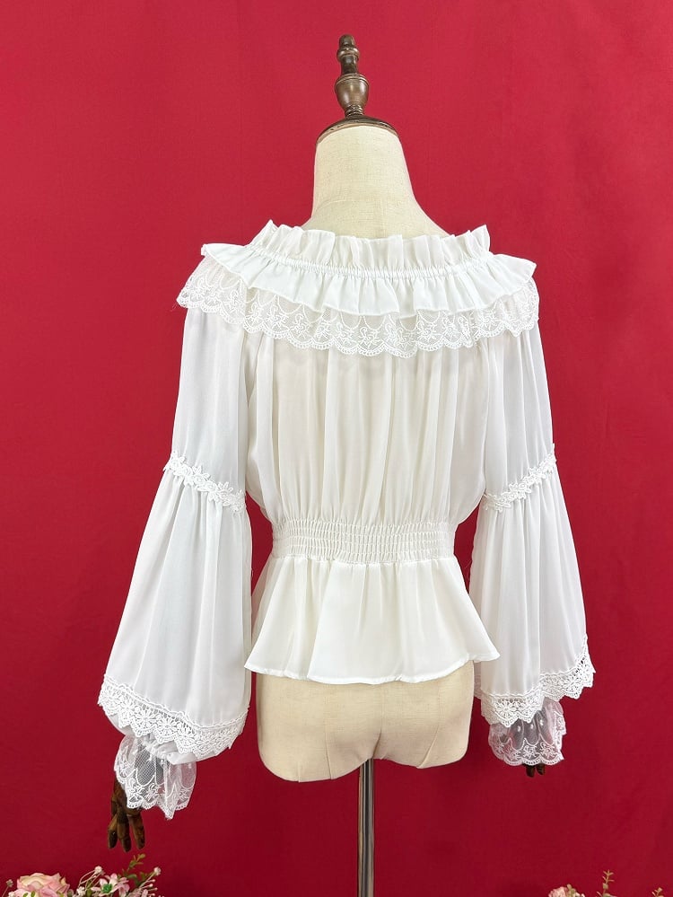 ホワイトの伸縮性のあるネックラインのシフォンロングバルーンスリーブブラウス