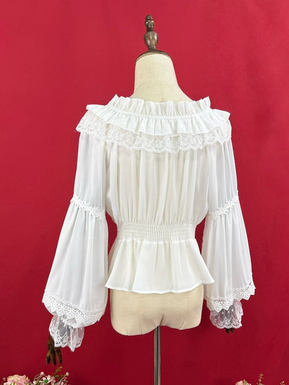 ホワイトの伸縮性のあるネックラインのシフォンロングバルーンスリーブブラウス