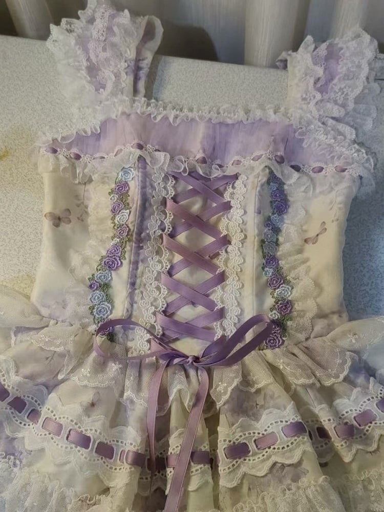 Lace White Purple Floral Hairband Top + Set Bow Skirt Embroidered Train Layered