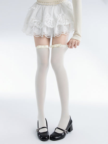 Decorated Over Bow JK White/Gray/Pink 48CM Stockings Creamy Knee