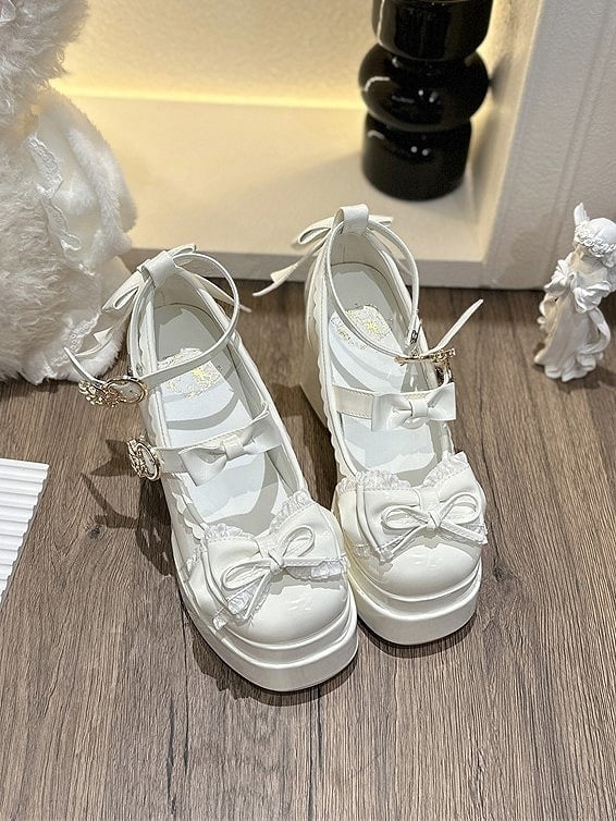 Platform Lolita Decor Bows Elegant White Block Shoes Scalloped - Edge Heel Round-Toe High 11cm
