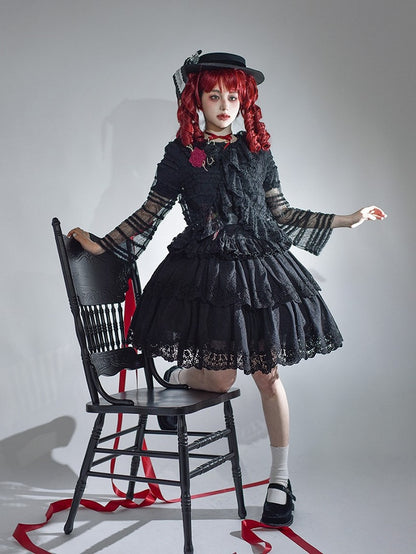 Elegant Black Multilayer Ruffled Floral Embroidery Skirt - Miss Point