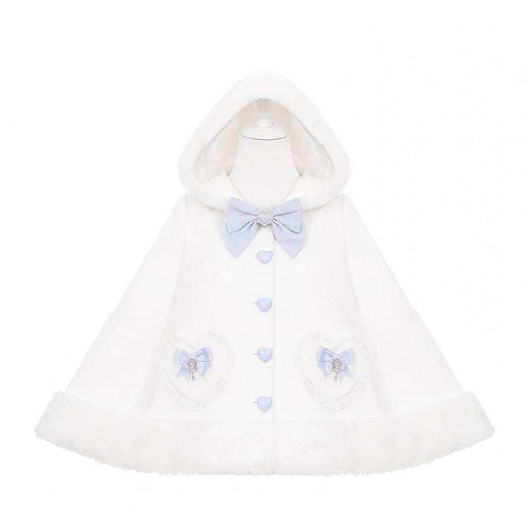 in / Cape Hooded Plush with Trimmed Bow Kei Accents Black Blue Jirai White Applique Pink Sweetheart