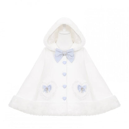in / Cape Hooded Plush with Trimmed Bow Kei Accents Black Blue Jirai White Applique Pink Sweetheart